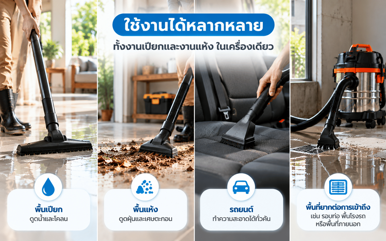 ทำความสะอาดด้วยเครื่องดูดฝุ่นดูดน้ำ