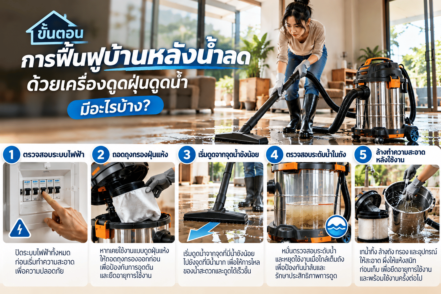 ขั้นตอนการฟื้นฟูบ้านหลังน้ำลดด้วยเครื่องดูดฝุ่นดูดน้ำมีอะไรบ้าง